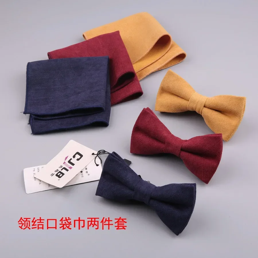 Deerskin velvet bow tie square towel suit men's Korean version solid color pocket towel two-piece dress suit accessories