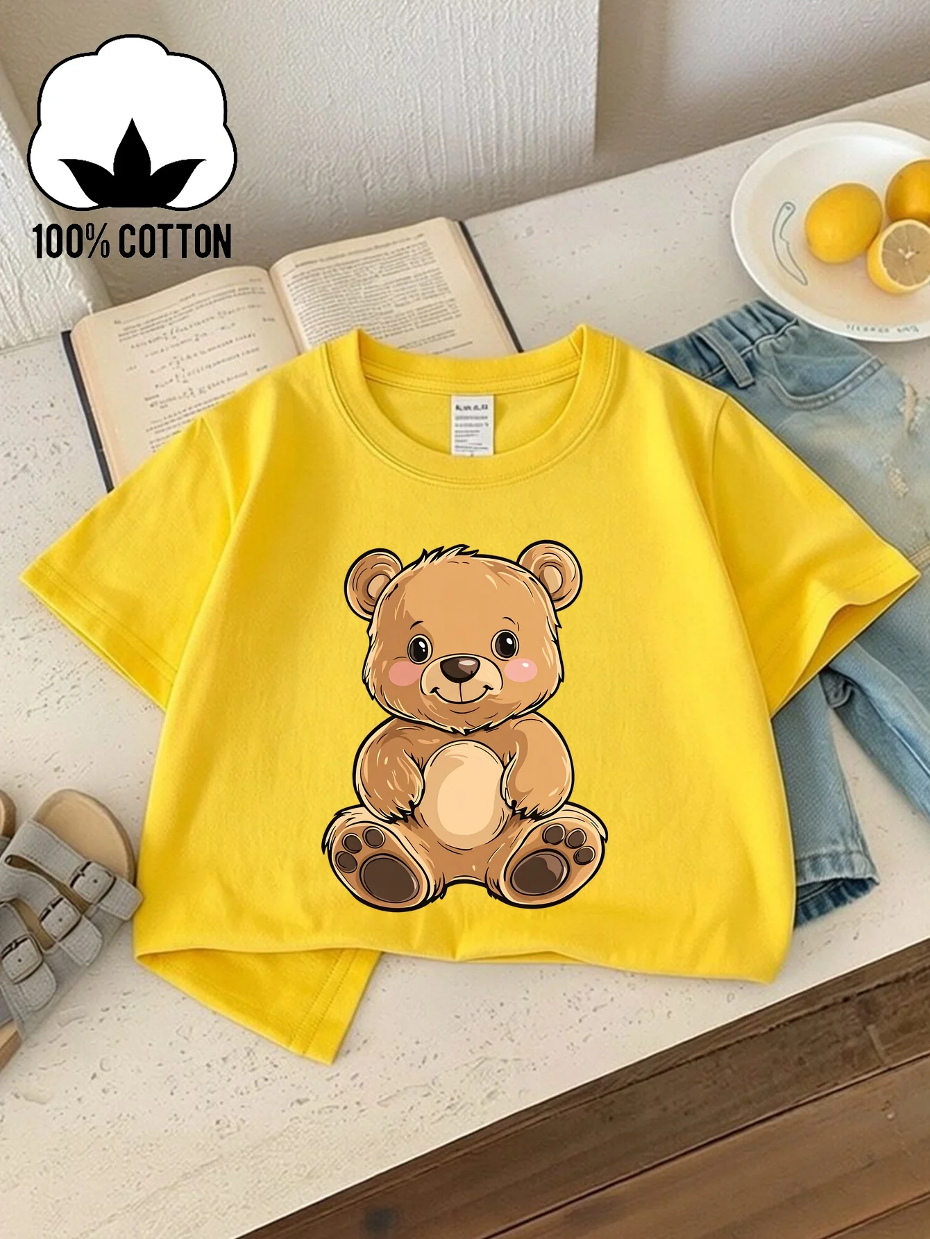 Cute Teddy Bear Printed Pattern Design for Children, Summer Street Round Neck T-shirt, Casual and Fashionable Parent Child Wear