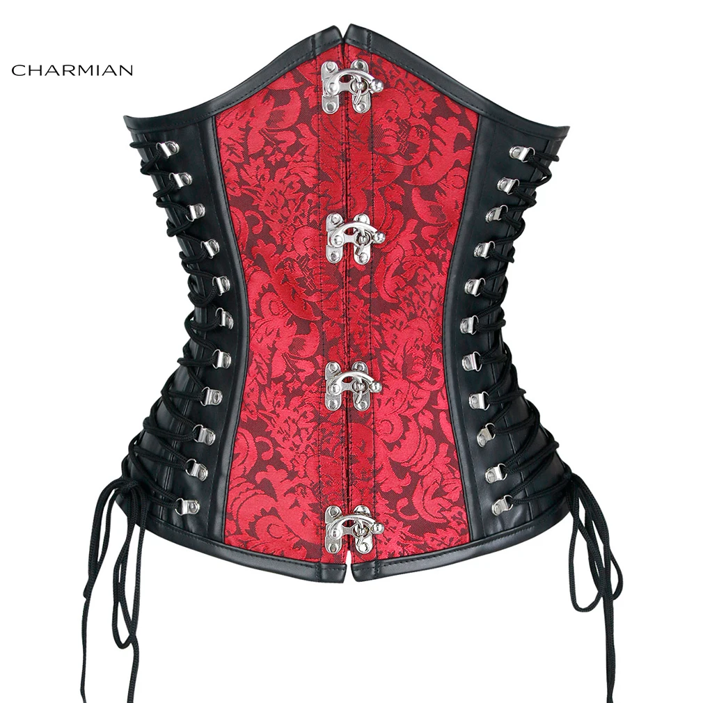 Charmian Steampunk Leather Corset Women\'s Vintage Plus Size Spiral Steel Boned PVC Corset Underbust Waist Trainer Goth Bustiers