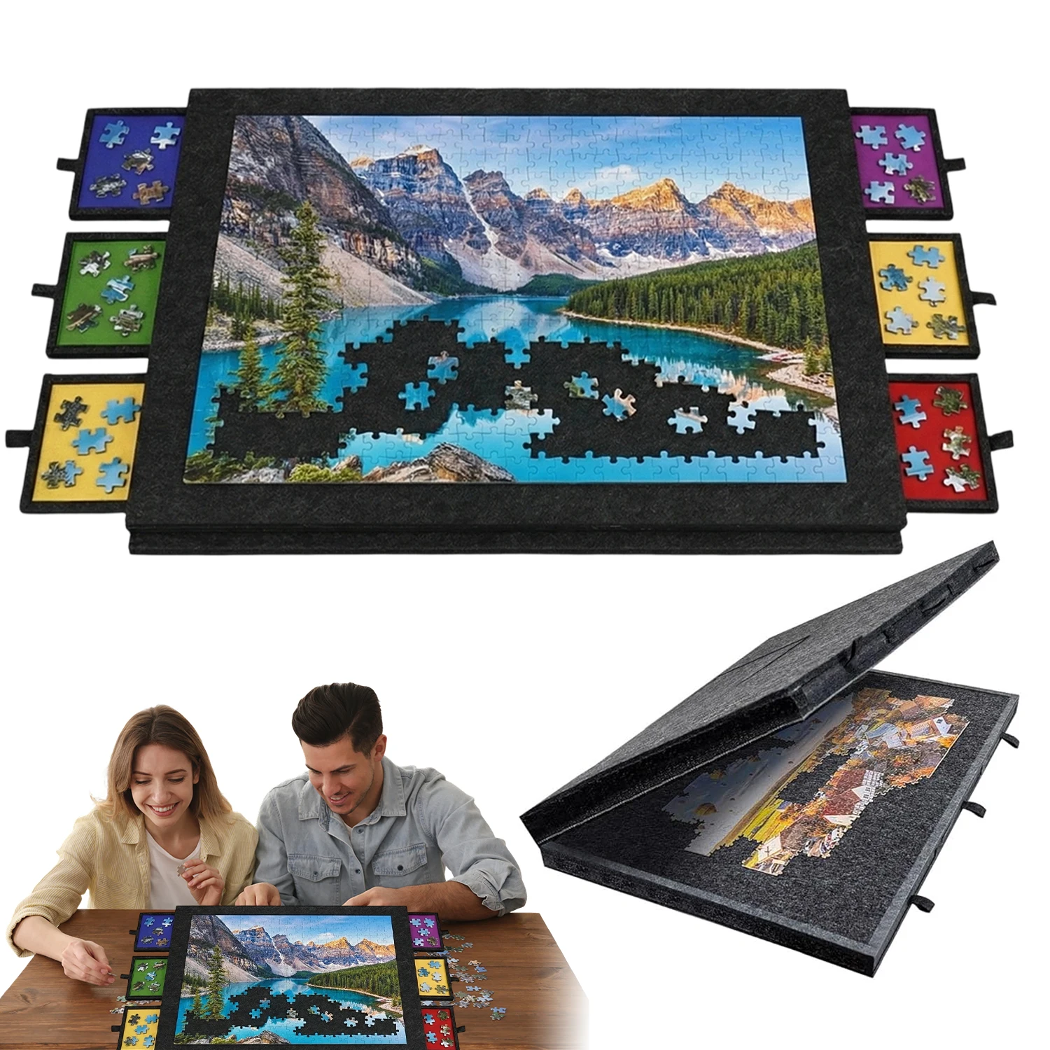 Planche à puzzle inclinable 1000 pièces, table à puzzle portable en feutre avec support 2-en-1 et housse de protection, 6 tiroirs de rangement pour