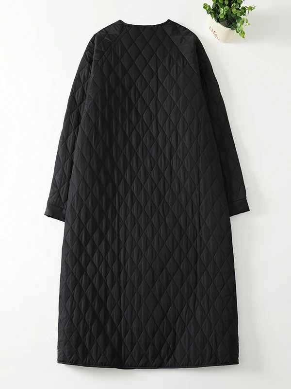 Autumn Winter Women's Long Sleeve Cotton Jacket with Quilted Diamond Pattern Thickened Cotton Polyester Blend Casual Wear