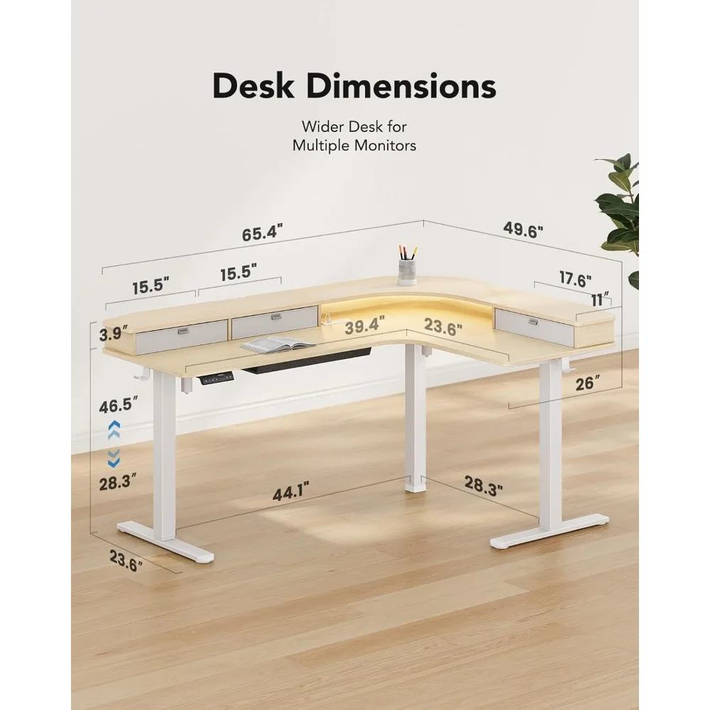 65″ L-Shaped Standing Desk with Power Outlets & LED Strip, Support C-Clamp Mount,Electric Height Adjustable Corner Computer Desk