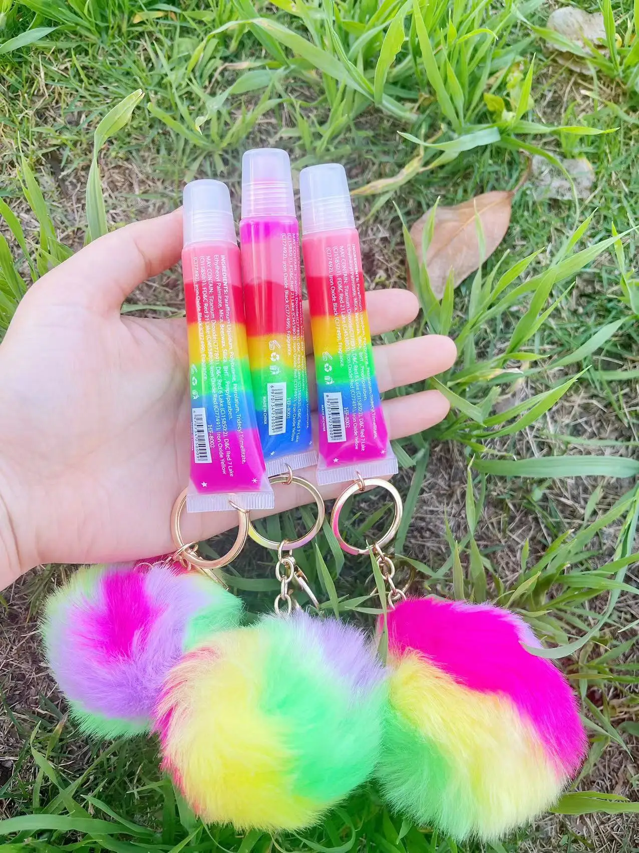 Hot Selling Rainbow PompomS Keychain Lipgloss Colorful Pearlescent Moisturizing Cosmetics Sexy Lip Tint Lips Lip Gloss