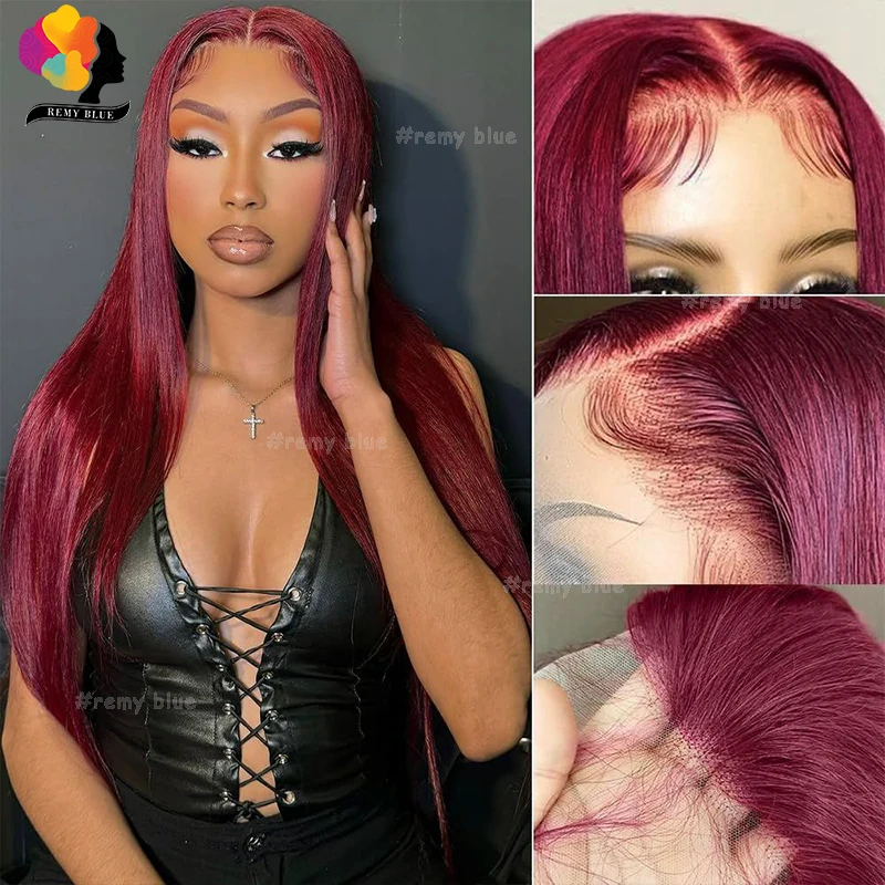 13x6 13x4 Transparent Lace Front Human Hair Wig Pre-Plucked 99J Burgundy Straight Human Hair Lace Frontal Wigs for Black Women