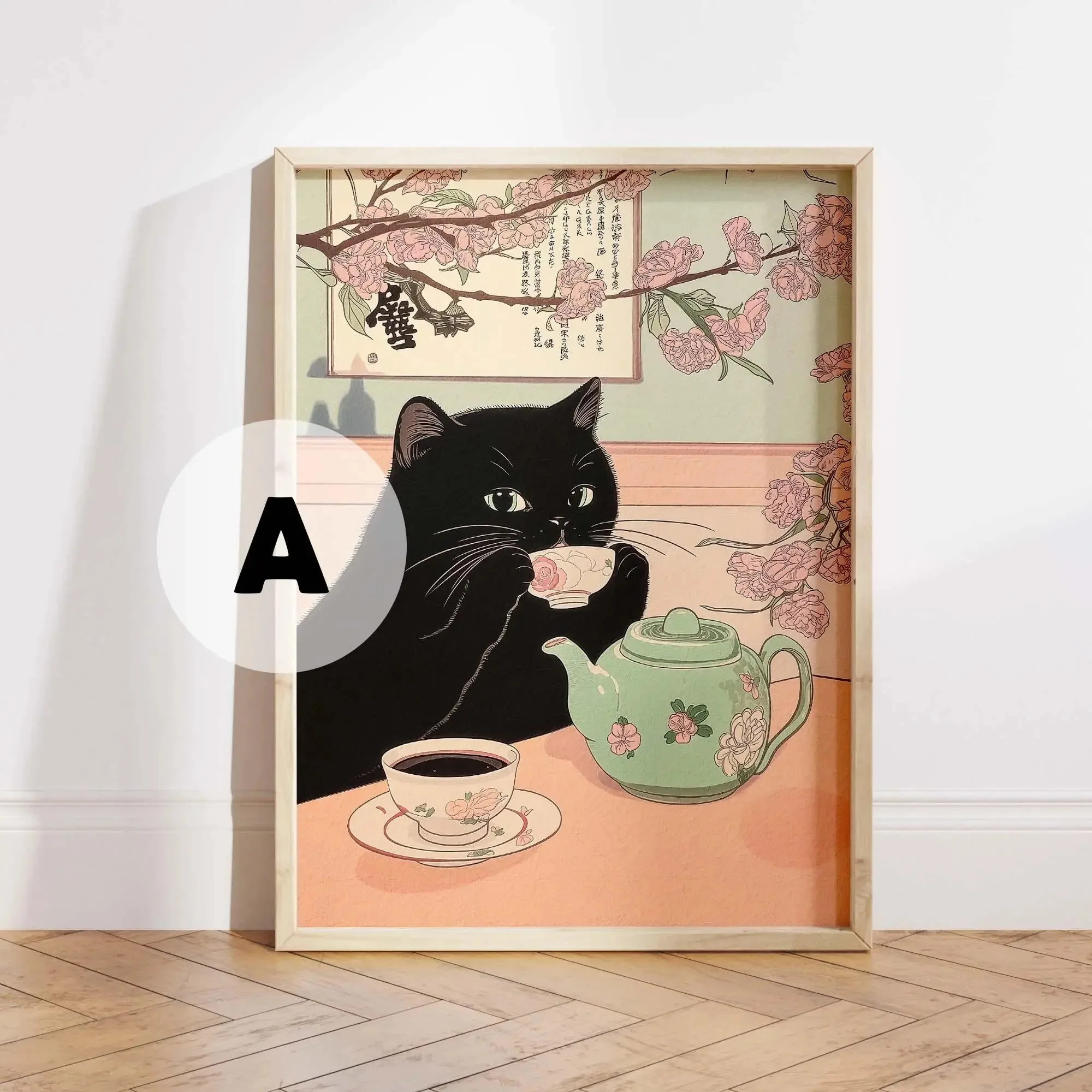 Black Cat Tea Time Wall Art Ukiyo-e Style Cherry Cat Tea Canvas Poster,lovely Cat Living Room Wall Decorative Painting Frameless