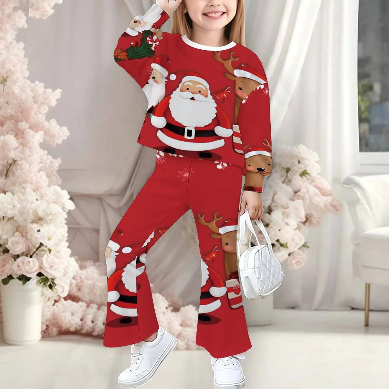 Winter Girl's Round-Neck Long Sleeve Cute Two-Piece Print Bell-bottomed Pants Casual Top Fashion Trousers Autumn Sweatshirt Set