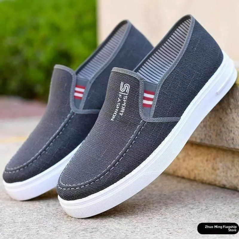 Men's Slip-On Casual Flat Bottom Canvas Shoes Wear-Resistant Soft Sole Breathable Work Sports Shoes Low Cut Spring Autumn