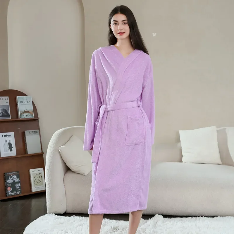 

2023 New Solid Robe Hooded Women Lace Up Winter Fashion Causal Home Bathrobe Long Sleeve Men Couple Sleepwear Pajamas