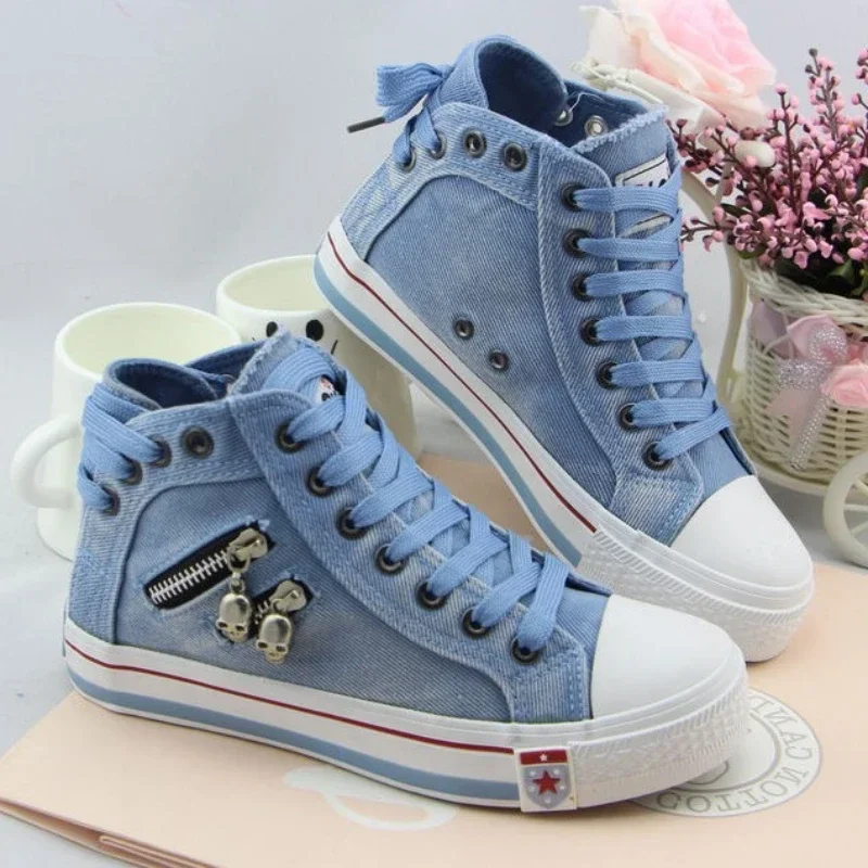 Denim Women Canvas Shoes Skull Metal Decoration Sneakers Retro High-top Casual Sneaker Flat Boots Vulcanized Cowboy Woman Shoes