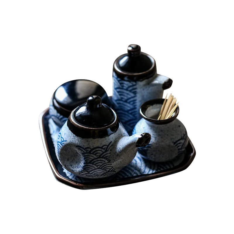 Blue Ceramics Seasoning Jar Olive Oil Bottle Sugar Bowl Household Kitchen Supplies Salt Shaker Kitchen Seasoning Tools