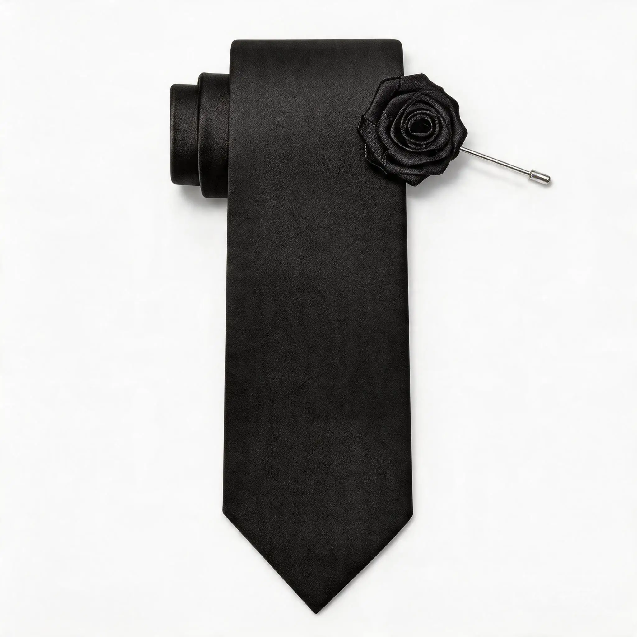 2Pcs Men's Hand-Tied Tie 5cm (1.97inch) with Matching Color Rose Brooch Set, Narrow Solid Color Satin Tie for Business, Wedding, Black, Pink, Multi-Color Suits, Banquets, Performances