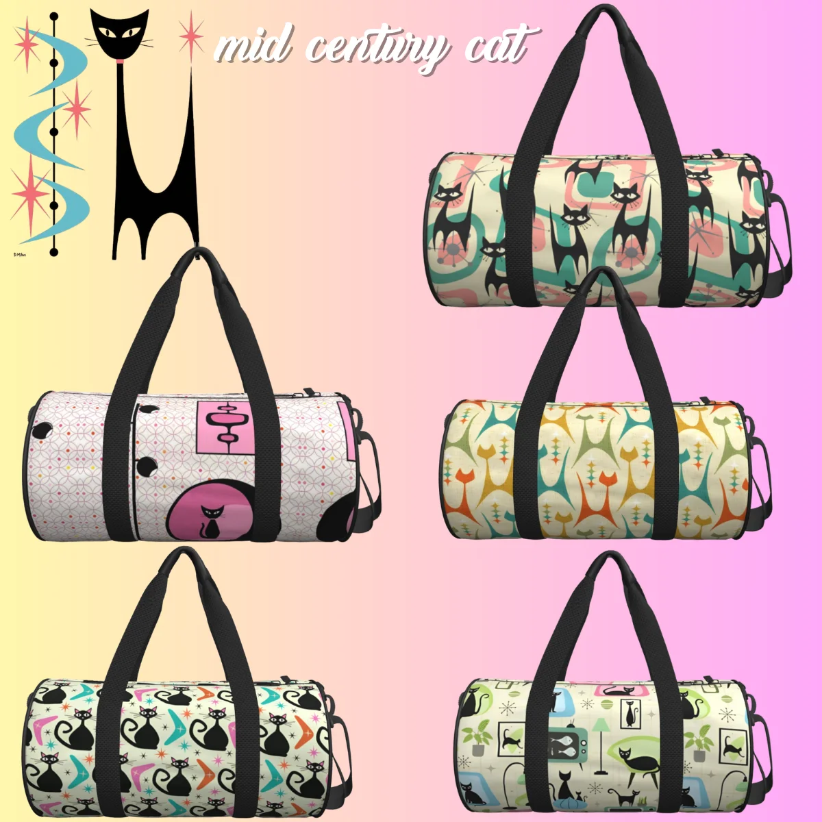 

Mid Century Black Cats Retro Sports Bags Abstract Swimming Gym Bag Large Funny Handbags Men Women Custom Portable Fitness Bag