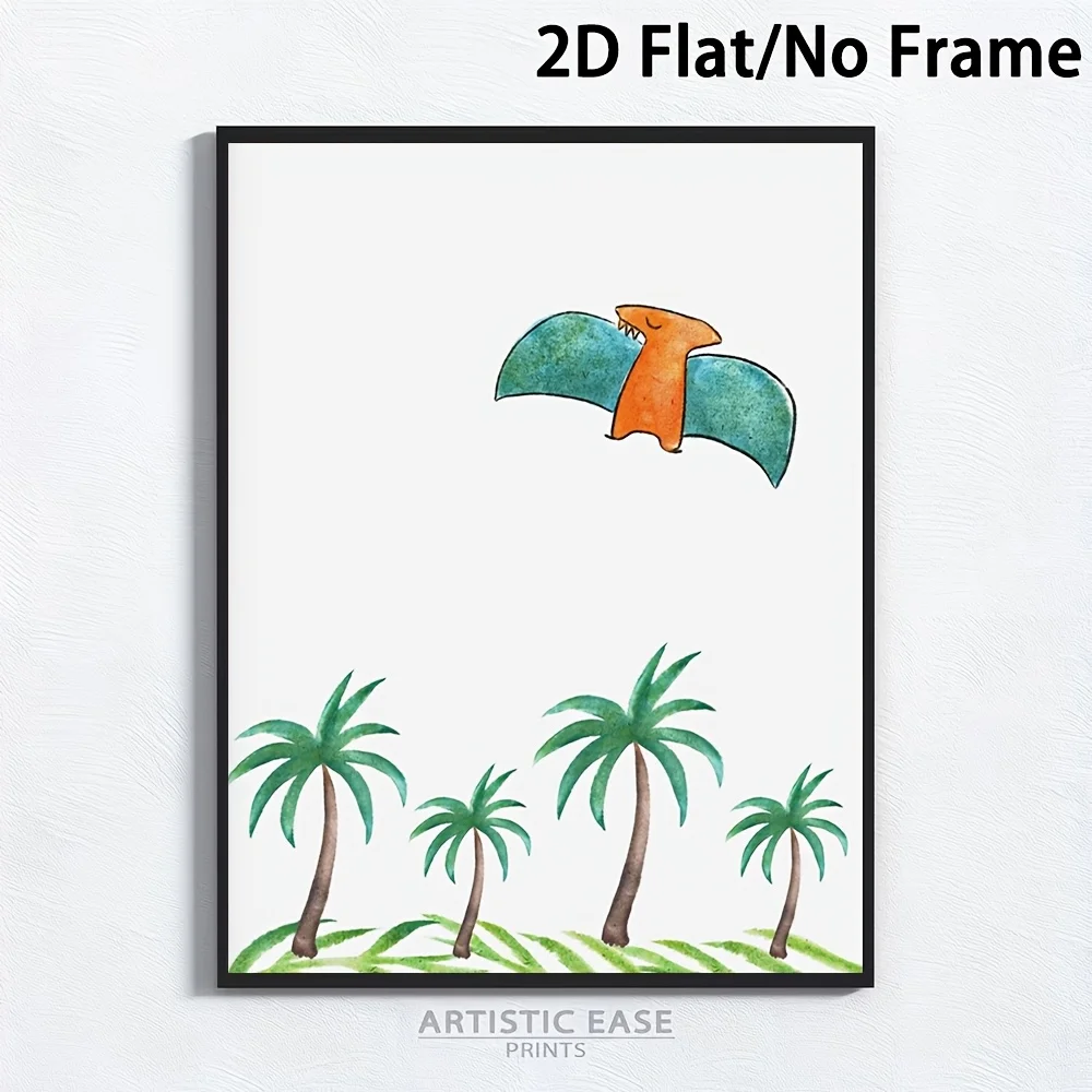 2D Flat, 1pc, 2D Flat, Frameless, Cute Buck-Tooth Flying Dinosaur: Dinosaur Pattern Kids' Room Wall Decor, Fun Canvas Paintin
