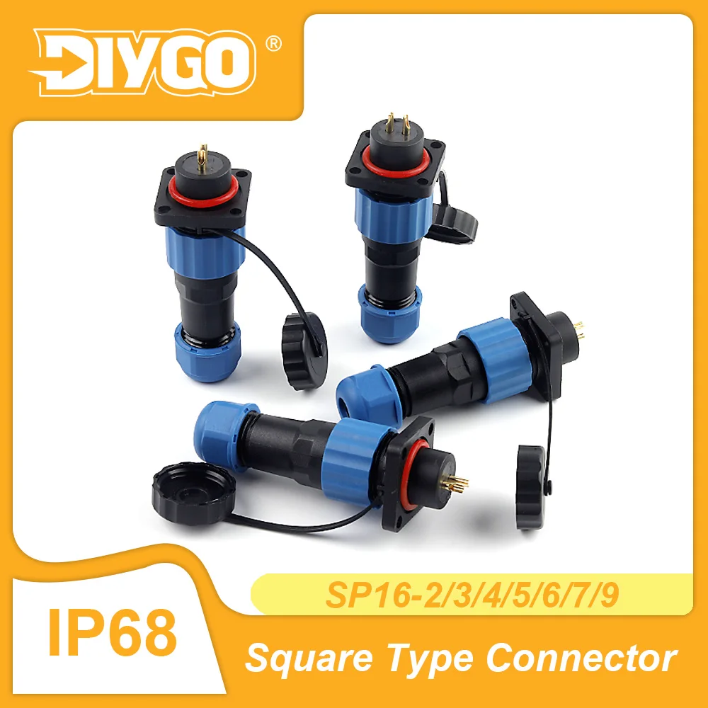 IP68 SP16 Electrical Connector Male Plug & Female Socket Panel Mount Waterproof Square Type Aviation Connectors 2/3/4/5/6/7/9Pin