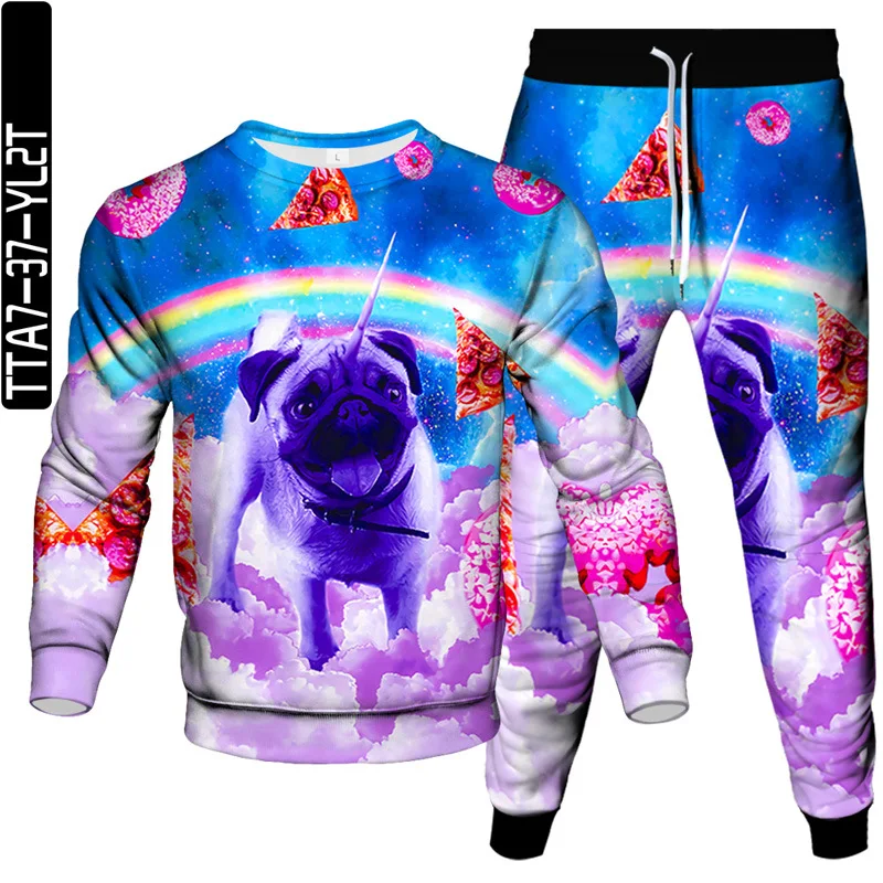 

Spring Men Sweatshirt Pants 2 Piece Set Animal Dog Pug Shar Pei Sheepdog Unicorn Pizza Printing Clothes Outdoor Casual Tracksuit