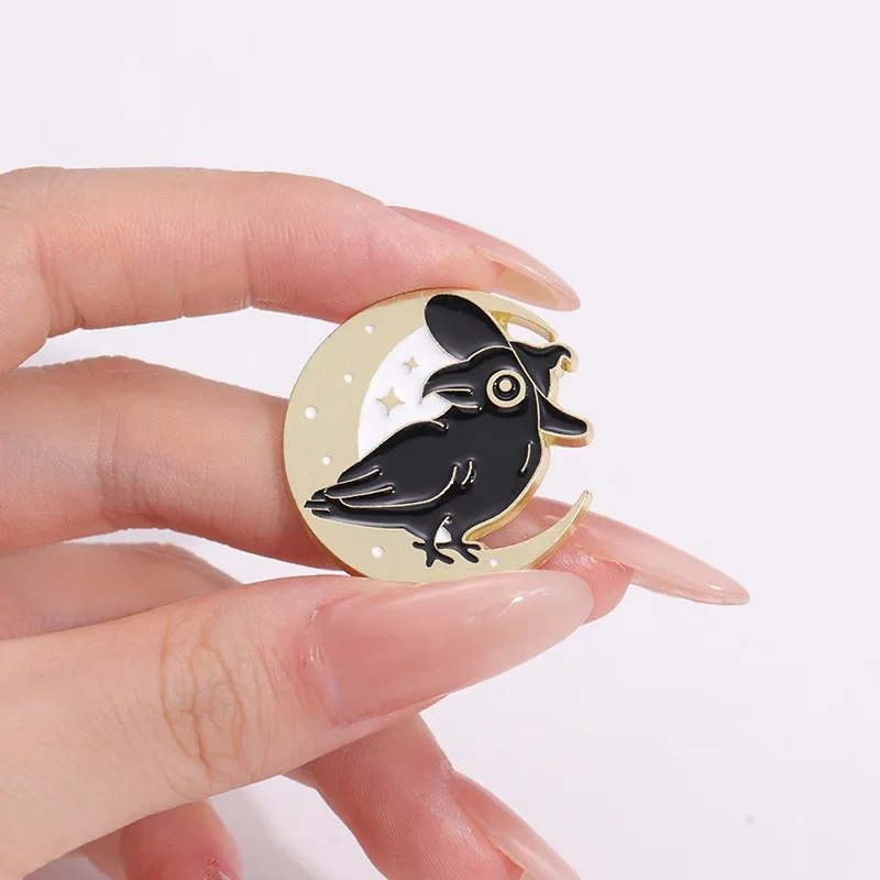 Cartoon Black Crow Bird Skull Enamel Pins Animals Brooches Lapel Badges Halloween Decoration Jewelry Gift for Kids Friends