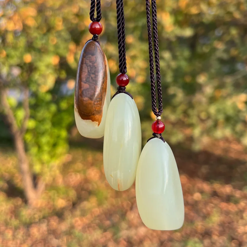 Imitation Xinjiang Hetian Jade Seed Material with Leather Raw Stone Pendant Natural Afghan Green White Jade Necklace Pendant Jew