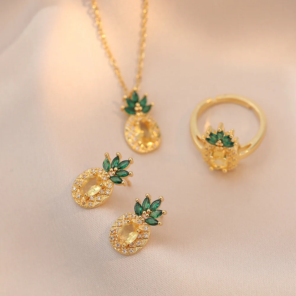 Copper Popular Pineapple Necklace Cubic Zircon Korean Micro Inlay Jewelry Fruit Series Earrings Net Ring For Women Jewelry Set