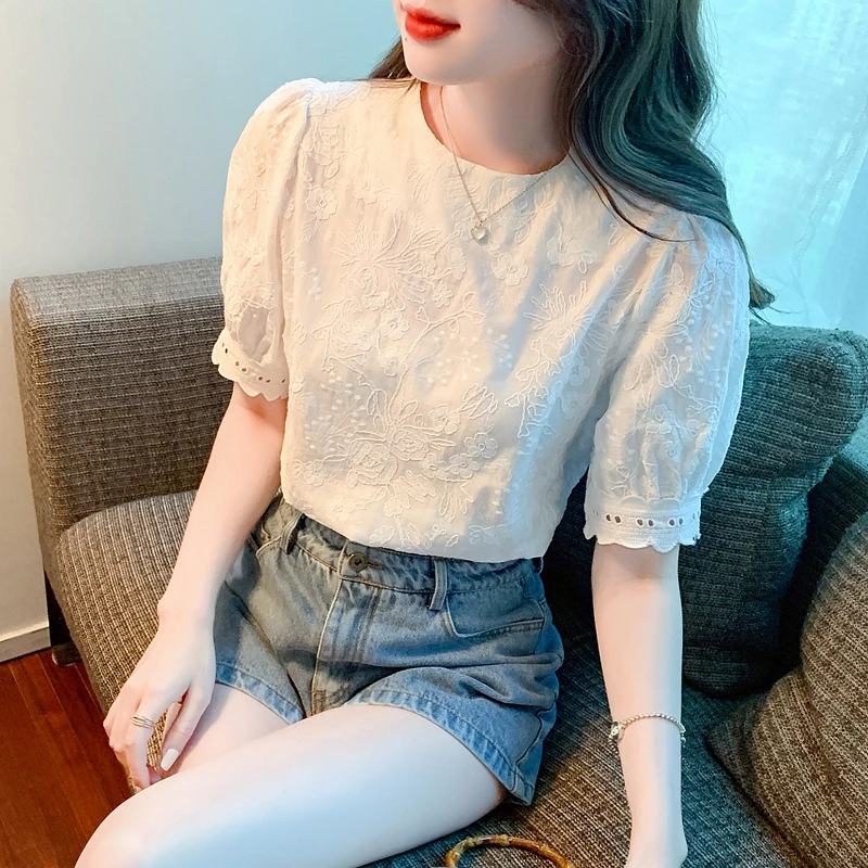 Summer New Short Sleeve Blouse Women O-Neck White Blouse Shirt Women Tops Blusas Mujer De Moda 2024 Verano Blouses Shirts G440