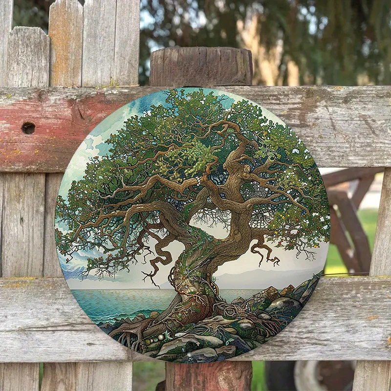 Round Metal Aluminum Mark Elm, Fantasy, Animated Mosaic, Embroidery Style for Home, Coffee Shop, Office, Wall Decoration Art