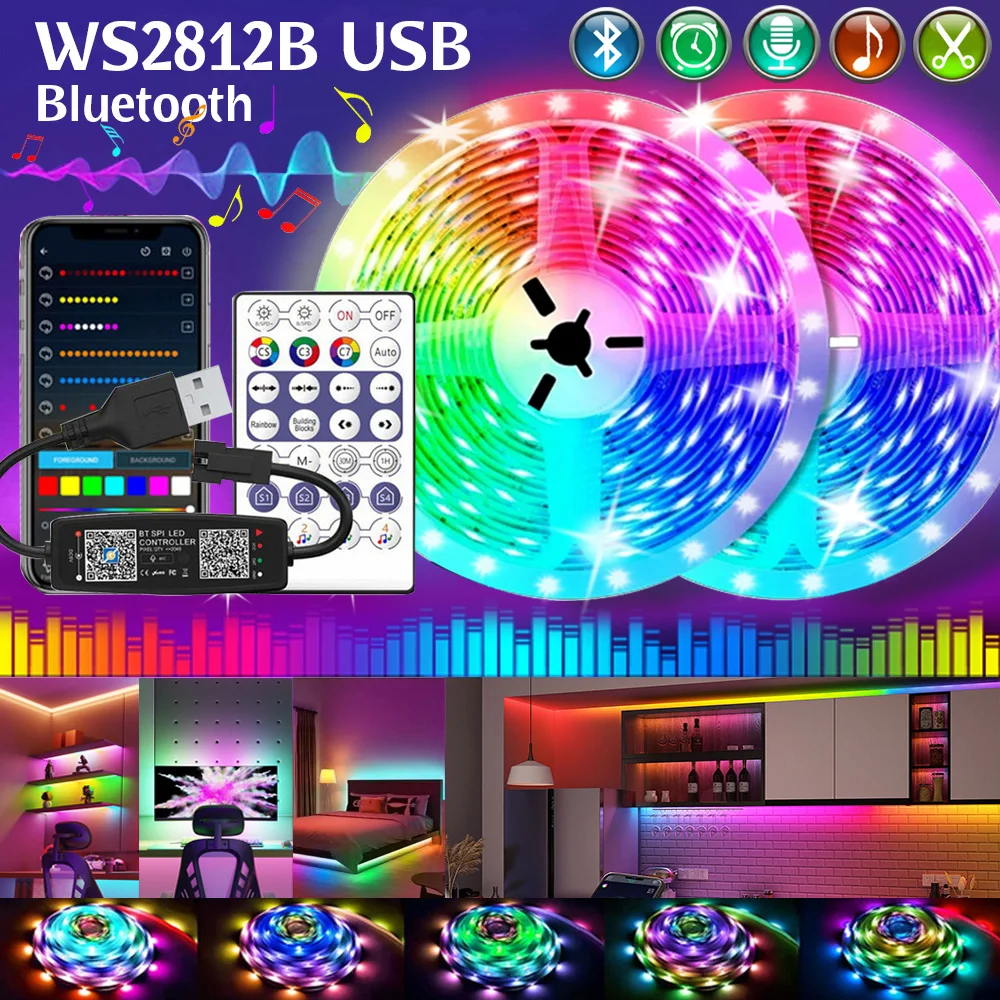 

WS2812B RGBIC Bluetooth LED Strip Lights 1-30M 5050 RGB Tape Diode Flexible Ribbon DC5V TV Backlights Gaming Room Decoration