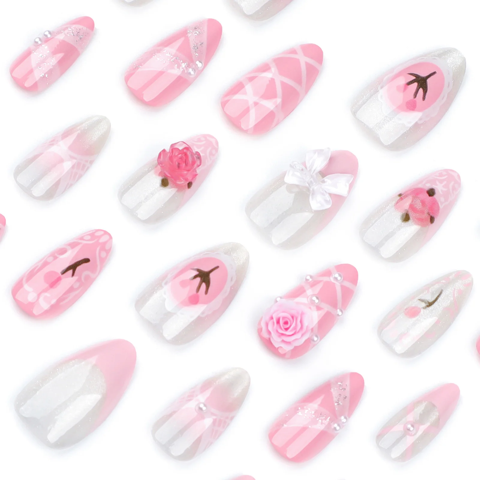 Glossy Pink White Press on Nails with Glitter Chip-Proof Smudge-Proof Fake Nails for Women Nail Art Decoration