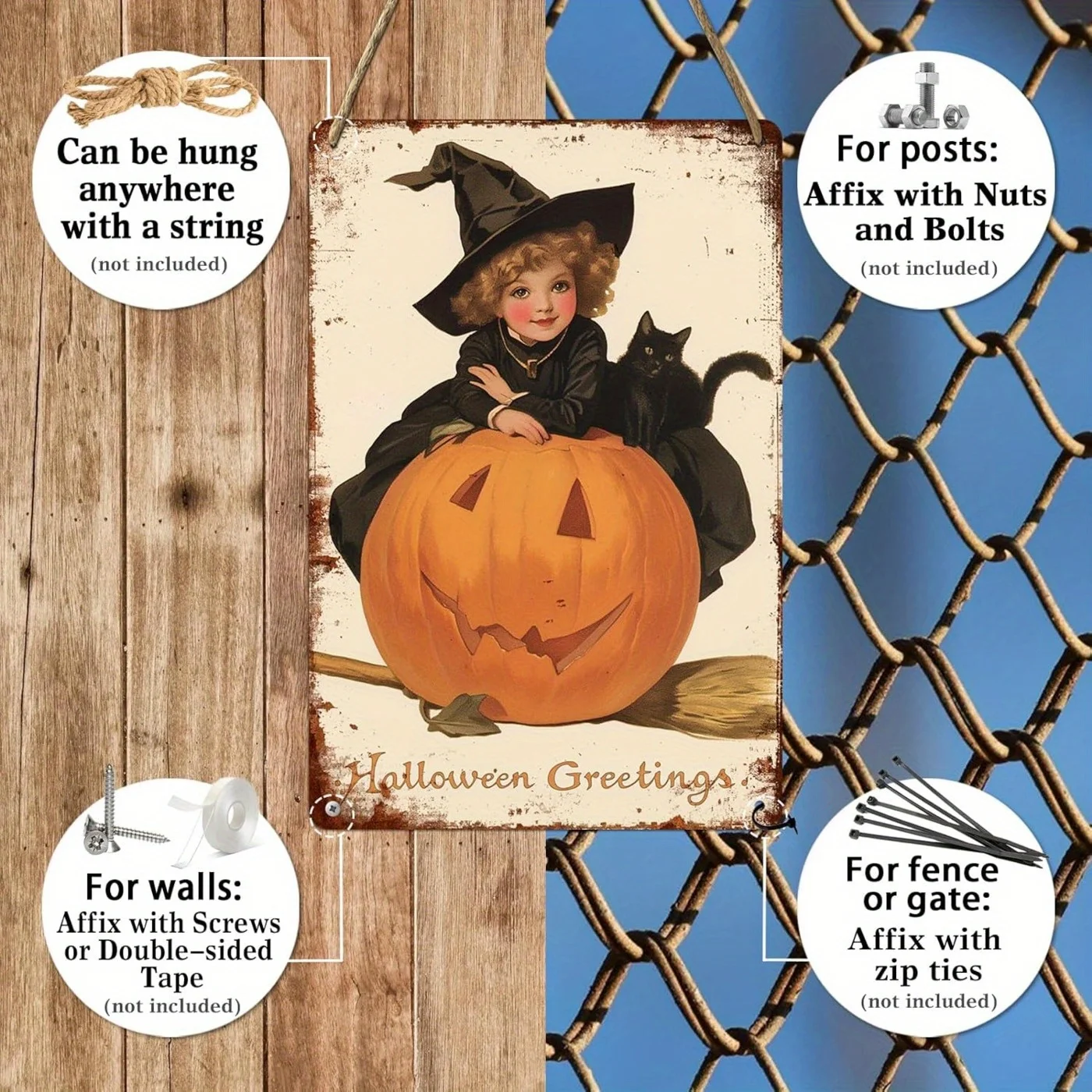 لافتة معدنية كلاسيكية للساحرة والقطط للهالوين، محفورة مسبقًا لسهولة التركيب، مثالية للمنزل والمزرعة