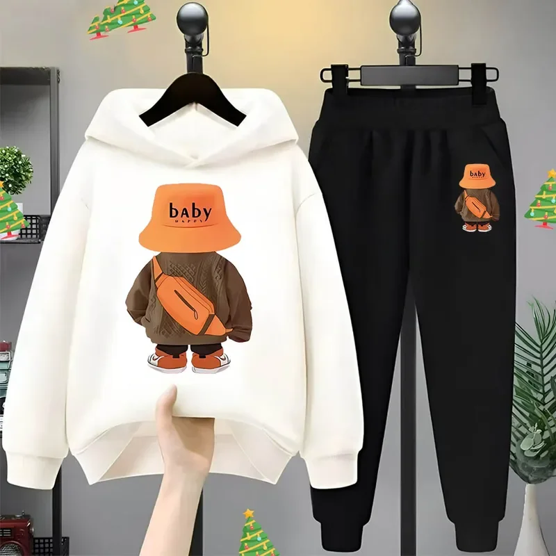 Orange fisherman hat Bear boys and girls children long-sleeved hooded hoodie spring and autumn leisure fashion baby clothes set