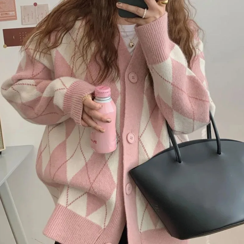 Diamond Knitted Cardigan for Women Autumn New Sweaters Korean V Neck Warem Loose Sweater Coat Pink Women\'s Oversized Cardigan