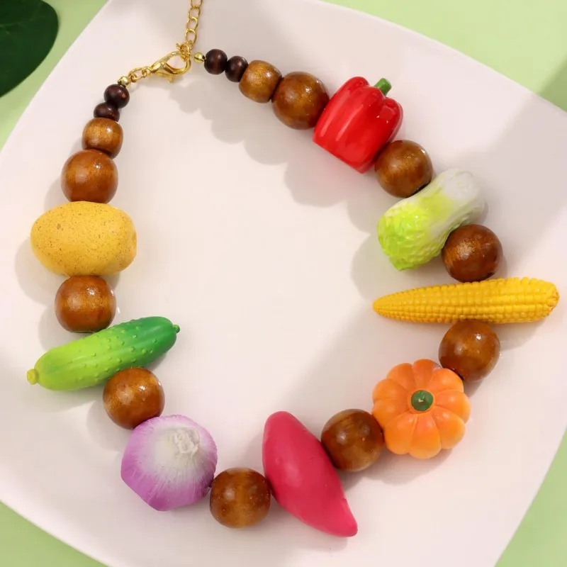 Colorful Beaded Necklace 3D Fruit Vegetable Designs, Corn, Cucumber, Onion, Bell Pepper, Y2K Jewelry For Women, Summer Vacation - view 4