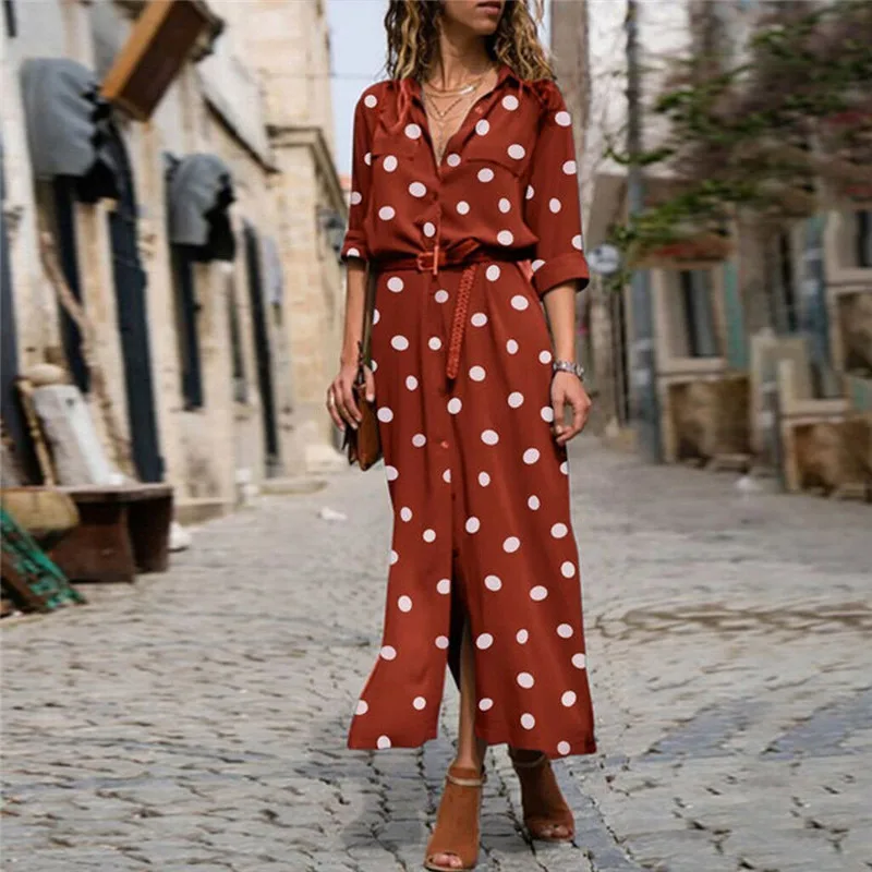 Women New Polka Breasted Dot Shirt Single Dress Women's Sleeve Long Pre-spring Autumn Split V-neck Fashion Dress (no Belt)