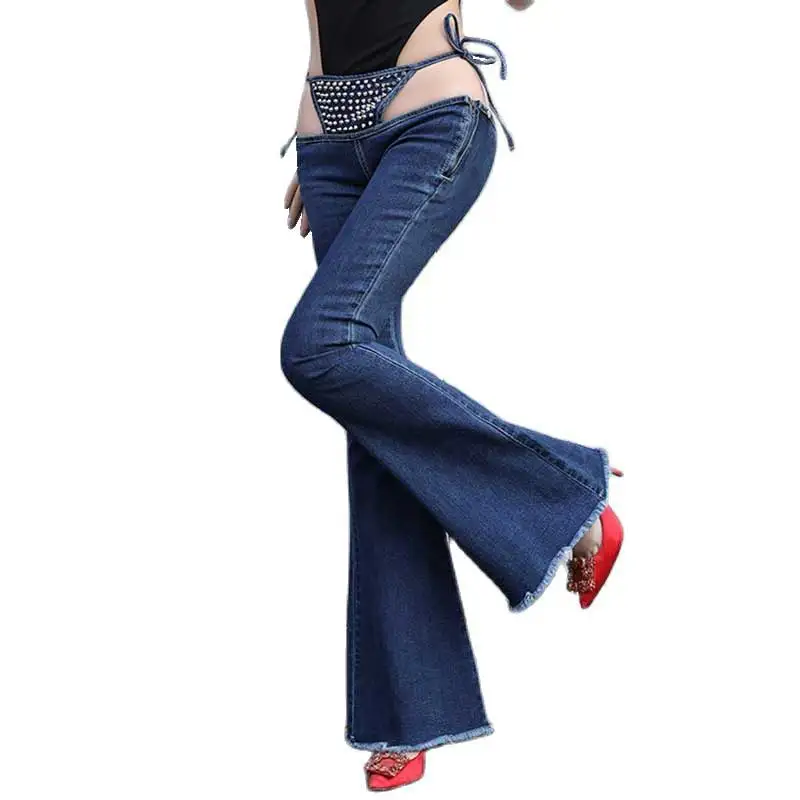 Sexy Ultra Low Waist Bikini Wide Leg Flare Jeans for Women Bikini Bandage Gray Rivet Women Jeans Wide Leg Flare Pants