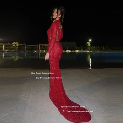 Xijun Sexy Red Mermaid Evening Dresses Glitter Sequined Beads Prom Dresses Backless High Collar Prom Gowns Arabric Customized