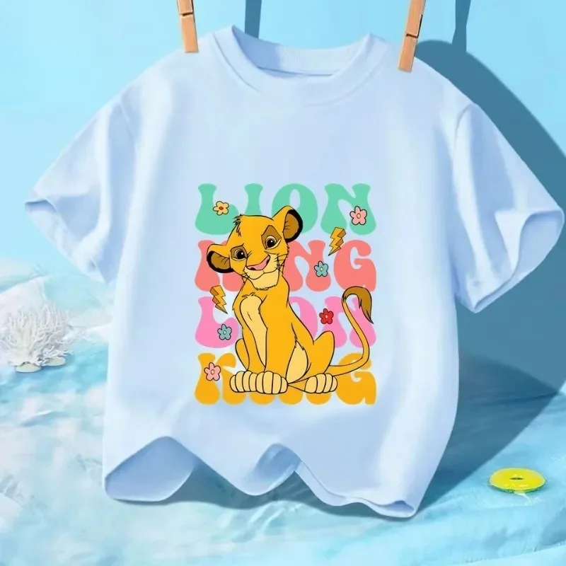 Camiseta de algodón 100% con estampado de Simba de Disney Summer, el Rey León, ropa para bebés y niñas de 2 a 14 años, camiseta de manga corta