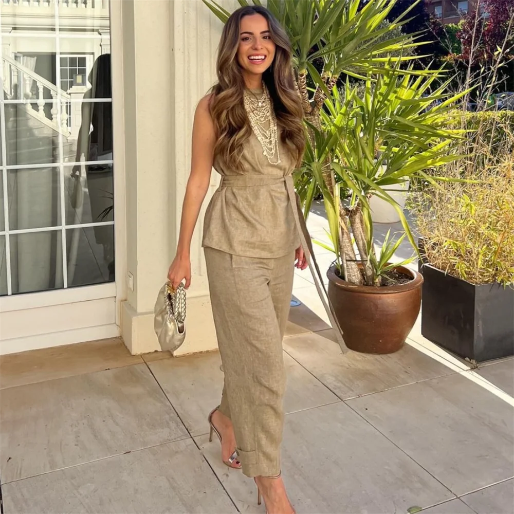 PB&ZA 2024 Spring New Women\'s Fashion and Temperament Slim Fit Versatile Linen Blended Top High Waist Pants Set