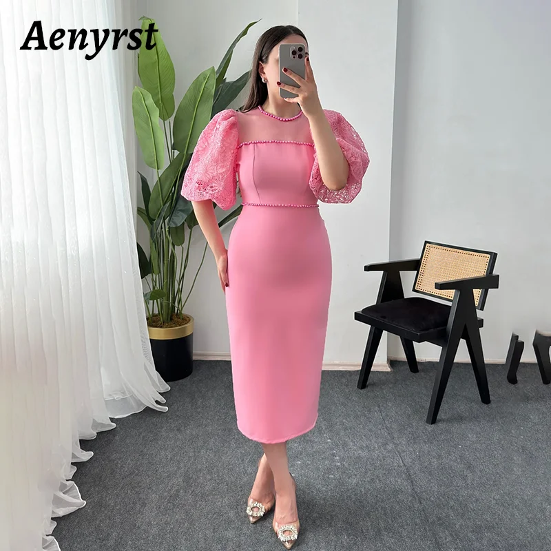 

Aenyrst Saudi Arabia Elegant Straight Prom Dress Women O Neck Lace Party Evening Gowns Ankle Length Pearl Formal Occasion Gown