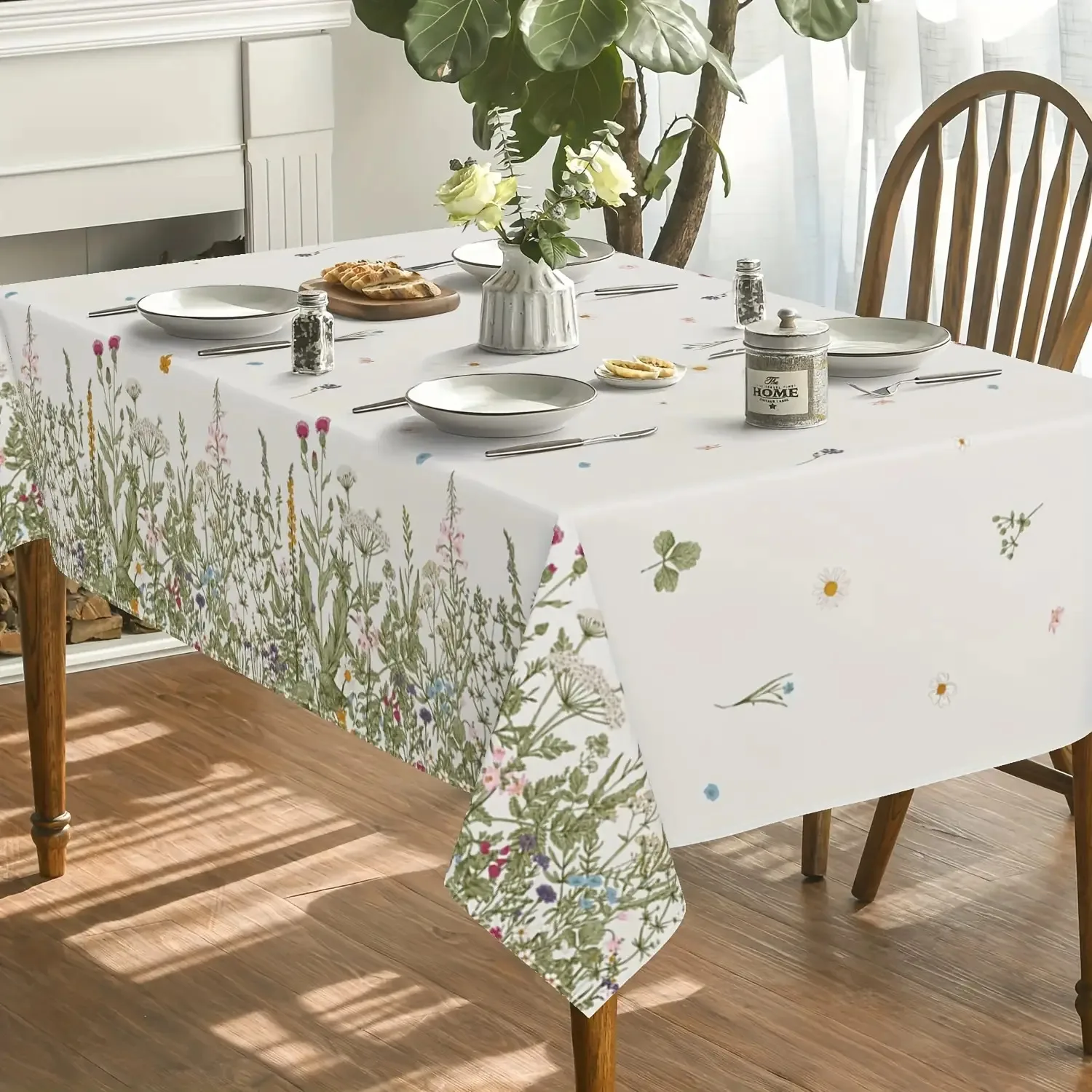 A Vintage Spring And Summer Floral Polyester Tablecloth Featuring a Fresh Wildflower Grass Pattern, Washable And Suitable for Pa