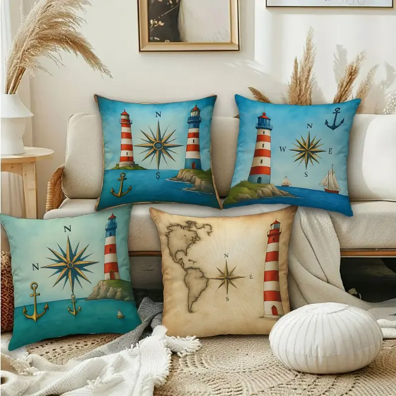 Nautical-themed lighthouse compass printing pillow cover Short plush Suitable living rooms bedrooms sofas throw cushion cover