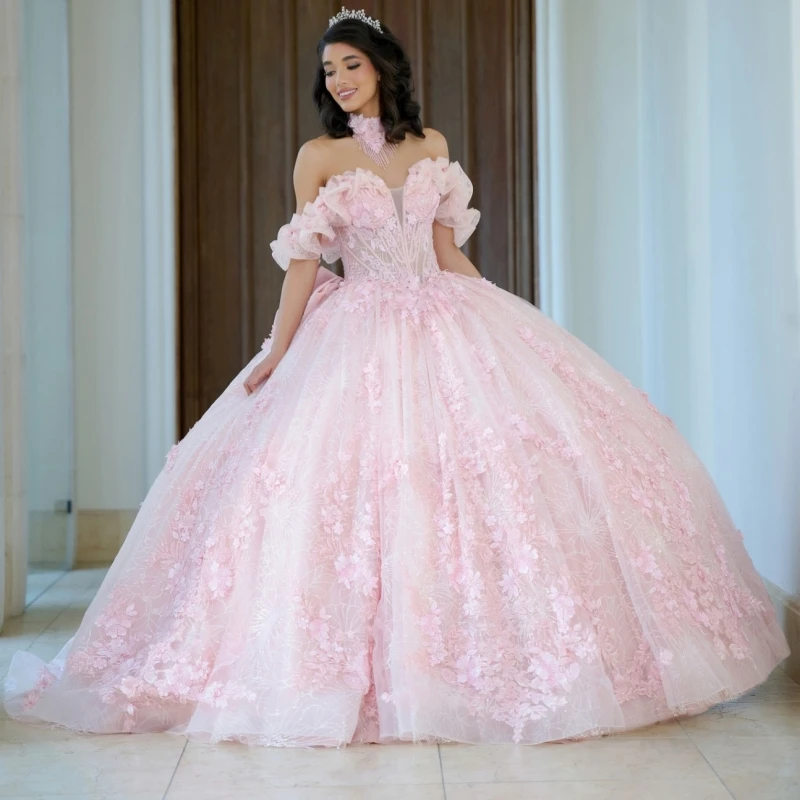 

Light Pink Shiny Quinceanera Dresses Ball Gown Off The Shoulder Sequin Applique Lace Beading Crystal Tull Party Birthday Sweet