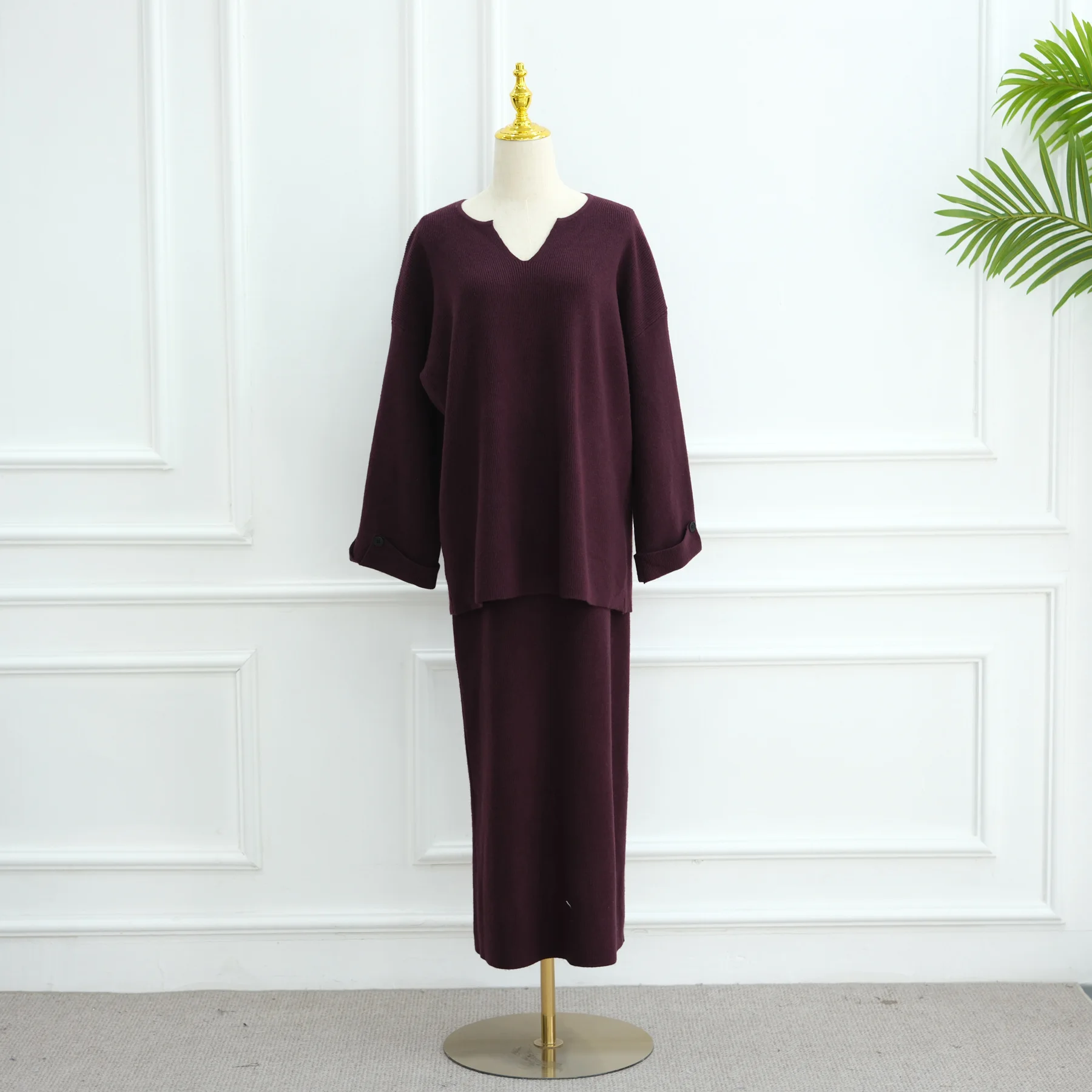 

Ramadan Knitted Sweater Plain 2 Piece Muslim Set Woman Muslim Abayas Top Skirt Modest Islam Caftan Robe Femme Musulmane Kaftan