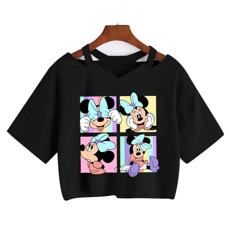 2024 Crop Top Mickey Tee Shirt Minnie Mouse T-shirt Women T Shirt Female Clothes Kawaii Disney Cropped Tshirt