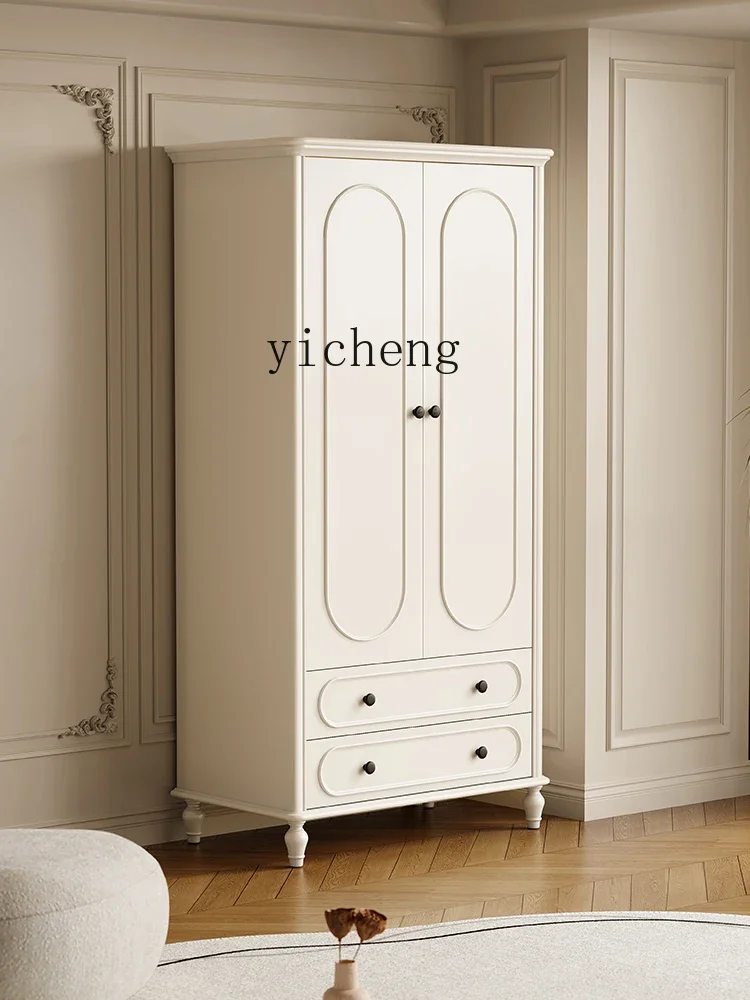 French Cream Style Wardrobe Bedroom Storage Locker Household White Solid Wood Two Door Wardrobe with Drawer