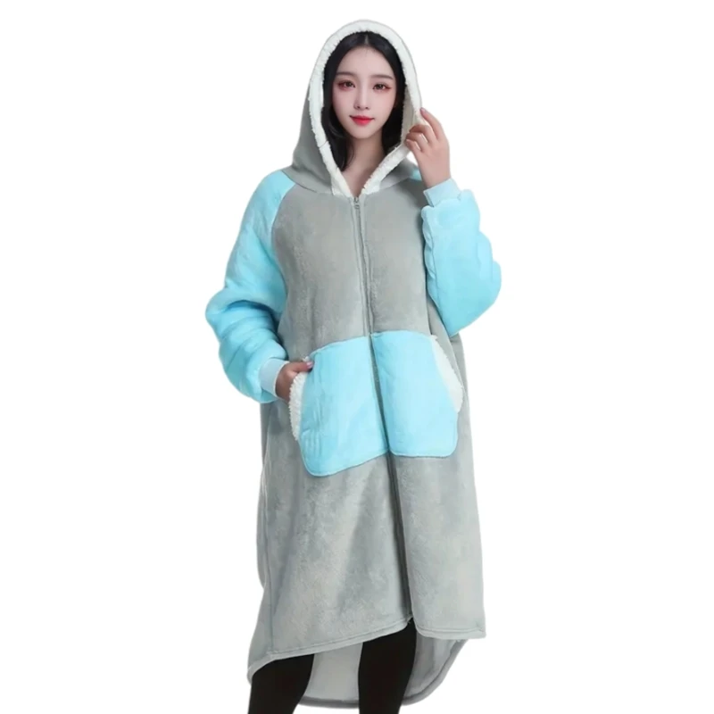 Oversized Zipper hoodie blanket with sleeves sweatshirt plaid winter fleece hoody women pocket