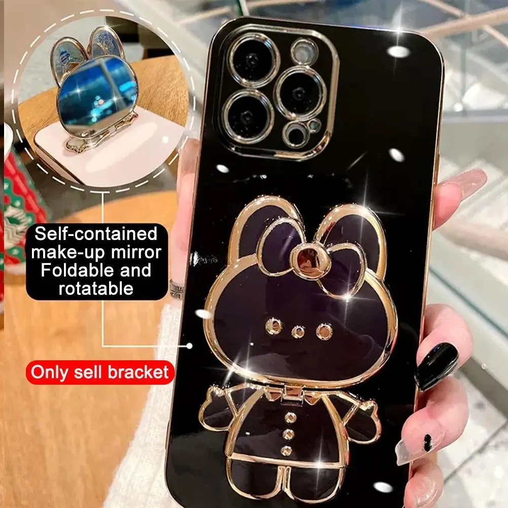 3D Cute Bunny Hidden Phone Holder Shockproof With Mirror Rabbit Bracket Phone Stand Lazy Buckle For Women Girl