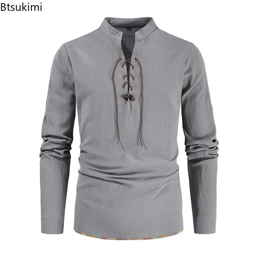 New Men's Solid Cotton Linen T-shirts Vintage Long Sleeve Stand Collar Front Lace Up Pullover Tops Men Hippie Casual Henry Shirt