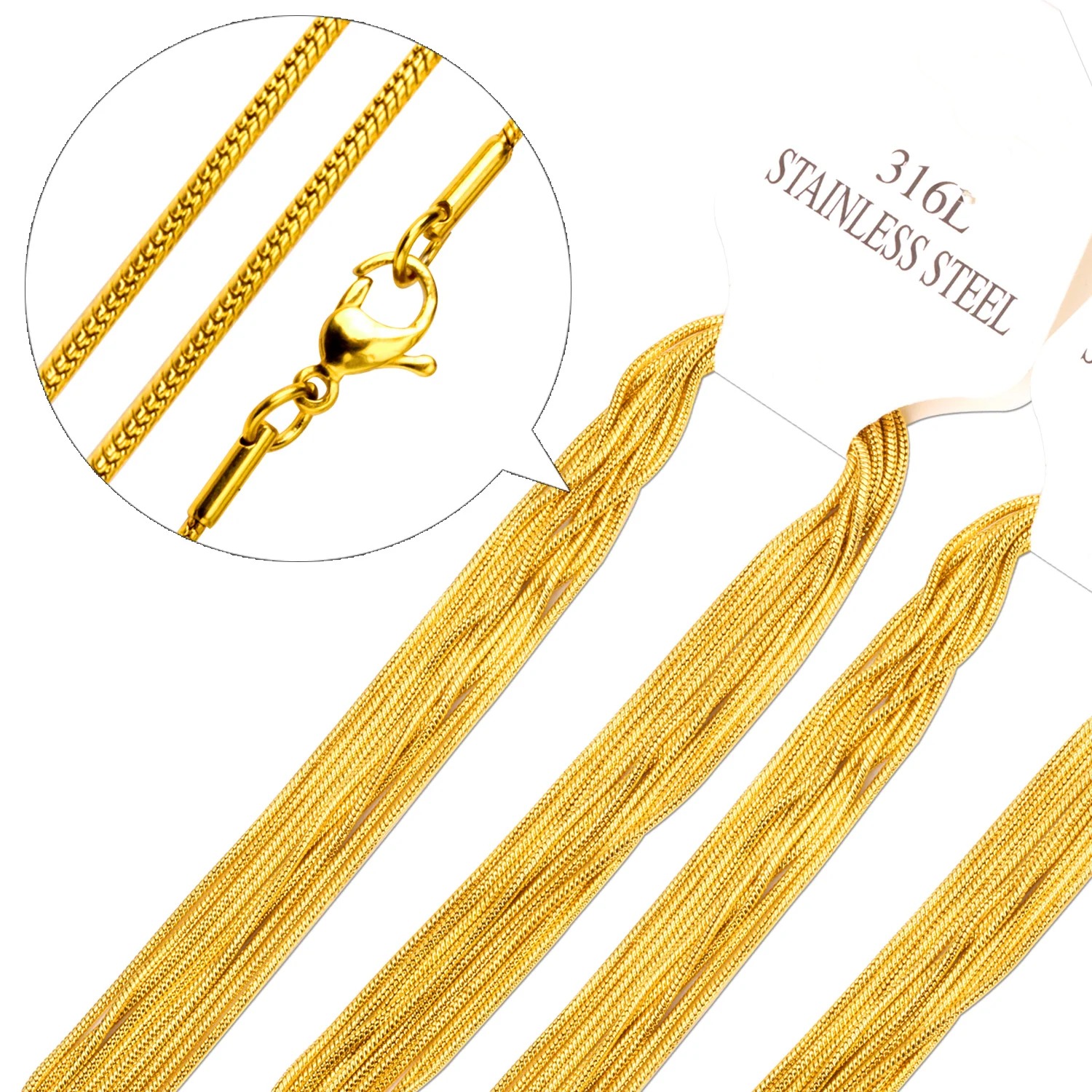 10pcs/Lot Round Snake Chains Necklace Stainless Steel Gold Plated No Fade Accessories Handmade Pendant Link Necklaces Wholesale