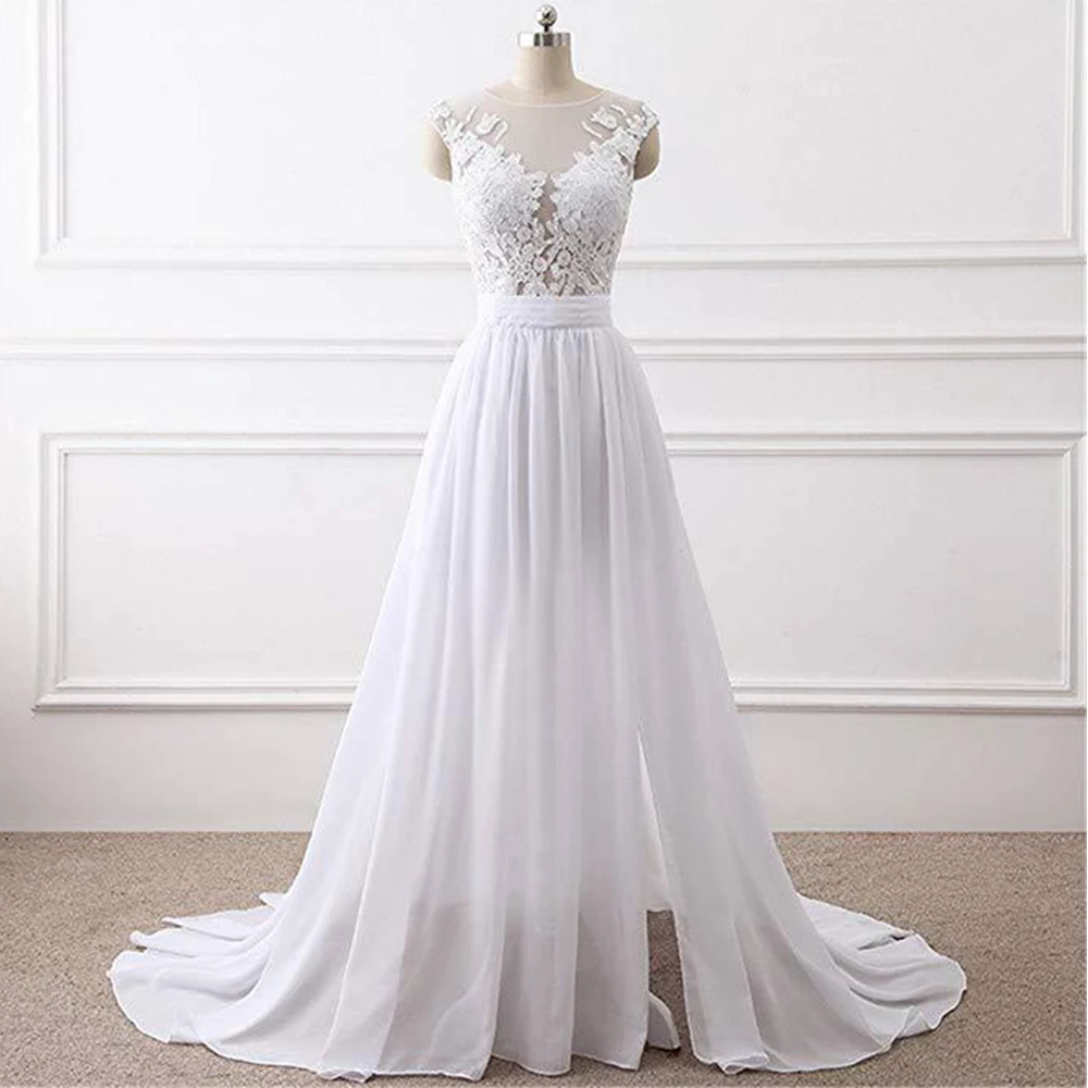 Simple Scoop Neck Cap Sleeve Wedding Dresses Chiffon A-Line Floor Length Applique Illusion Tulle Bridal Custom Mariage Gowns