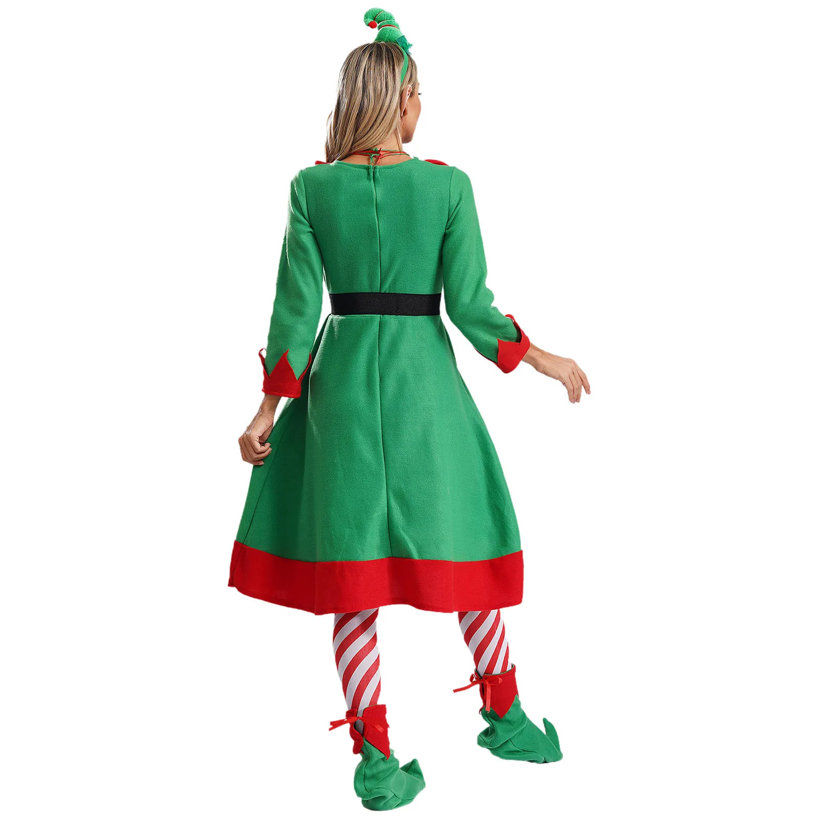 Womens Kerst Kerstman Kostuum Elf Cosplay Familie Carnaval Party Fancy Dress Up Fluwelen Jurk Elf Oren Schoenen Kousen Sets