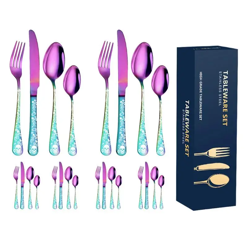 Stainless Steel Cutlery Set Skull Pattern 24pcs Cutlery Tableware Kitchen Forks And Spoons Set For Home Kitchen Eating Portable