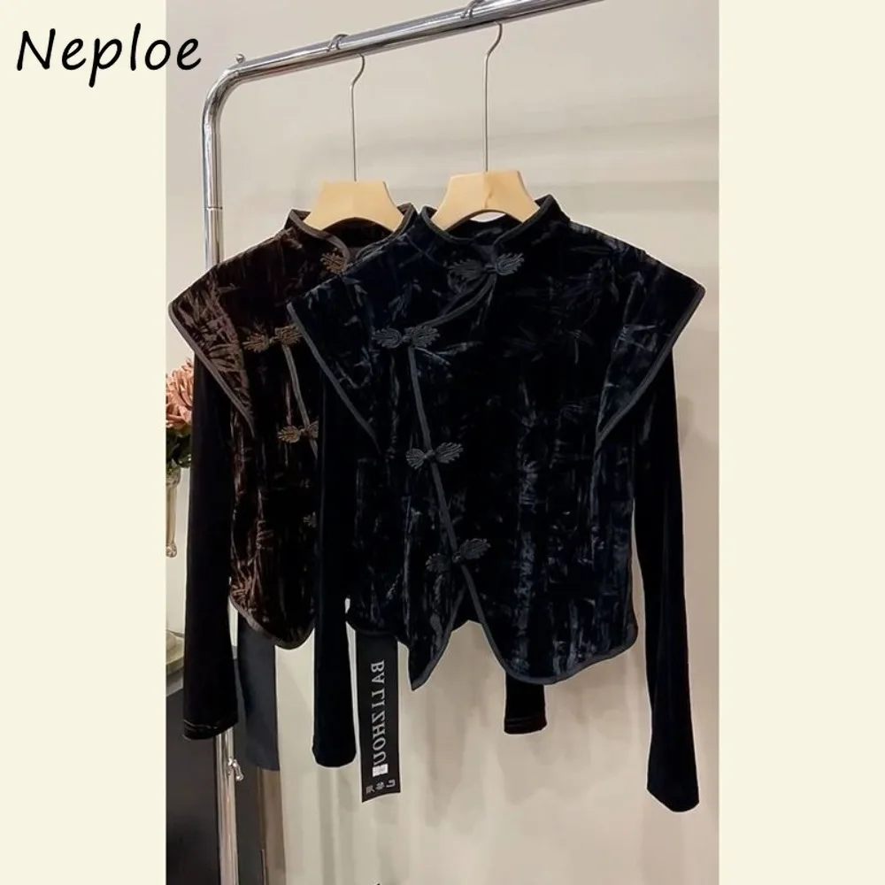 

Neploe уникальная персонализированная уличная футболка Moda с длинным рукавом, новые рубашки в китайском стиле меньшинств, лоскутные бархатные укороченные топы с лягушкой